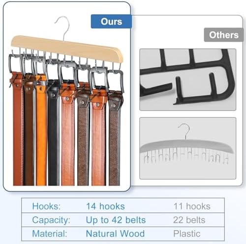 Belt Organizer with 14 Hooks, Sturdy Wood Belts Rack Closet Accessories - Image 3