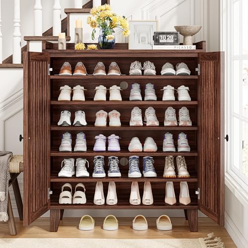 IRONCK Shoe Cabinet with Slatted Doors, 6-Tier Shoe Storage Cabinet, Walnut - Image 4