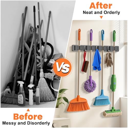 Broom Holder Wall Mount, Mop and Broom Hanger Wall Mount for Organizing and Storing Items in Household Kitchens, Gardens, Laundries (4 Racks & 3 Hooks, Grey) - Image 6