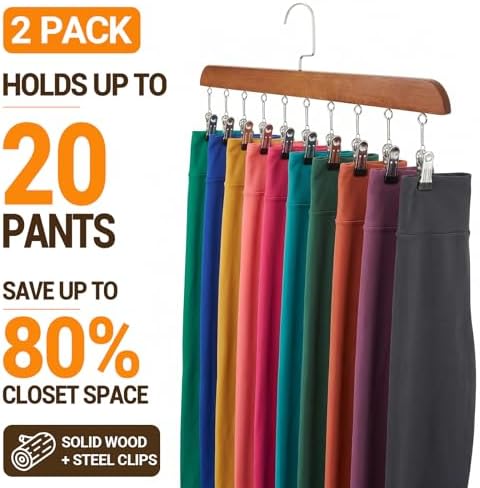 2-Pack Pants Hangers with Clips – 10 Clips Each, Space Saving Closet Organizer Hanger for Leggings, Jeans, Hats, Shorts, Belts, Scarves – Closet Organizer (2, Brown) - Image 3