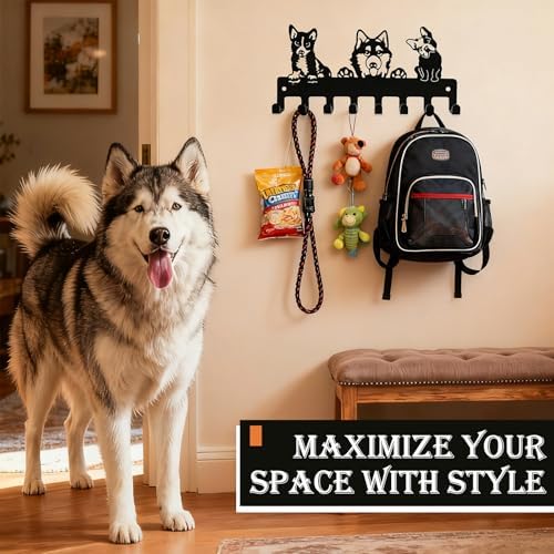 Dog Leash Holder for Wall, 8 Metal Hooks for Leashes, Harnesses & Keys - Image 2