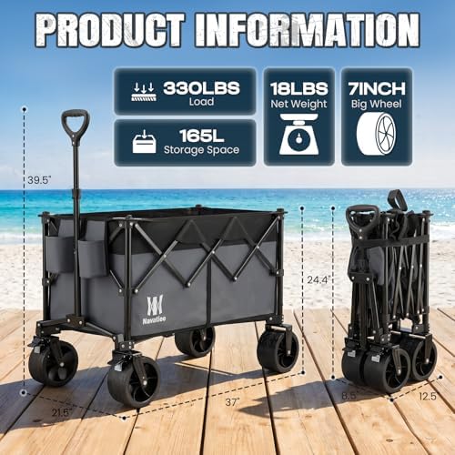 Navatiee 330Lbs Collapsible Folding Wagon, Beach Wagon Cart Heavy Duty Foldable with Big Wheels, Utility Grocery Wagon with 165L Large Capacity for Camping Garden Sports, Gray - Image 6
