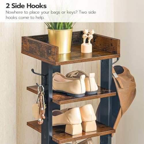 HOOBRO Vertical Shoe Rack for Front Door Entryway, 7 Tier Wooden Shoe Storage Organizer with Hooks, Narrow Shoe Tower for 7 Pairs, Space Saving, for Corner, Closet, Bedroom, Rustic Brown BF61XJ01 - Image 5