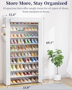 Kitsure Shoe Rack - 10-Tier Shoe Organizer with Zippered Dust Cover & Side Pockets, Easy to Assemble, Space Saving Shoe Rack for Closet, Entryway, Living Room, 33" x 12.4" x 69.3", White - Image 2