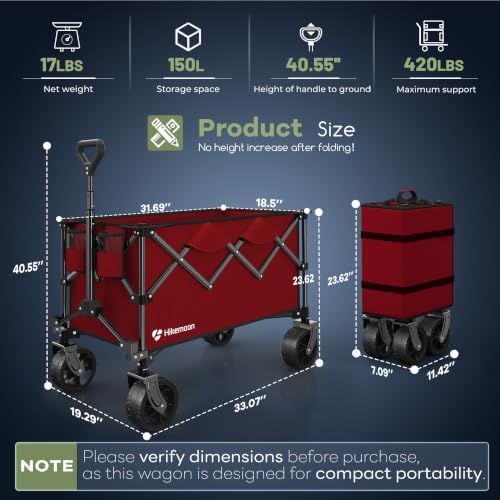 HIKEMOON 150L Collapsible Wagon Compact with Big Wheels, 420LBS Red - Image 3