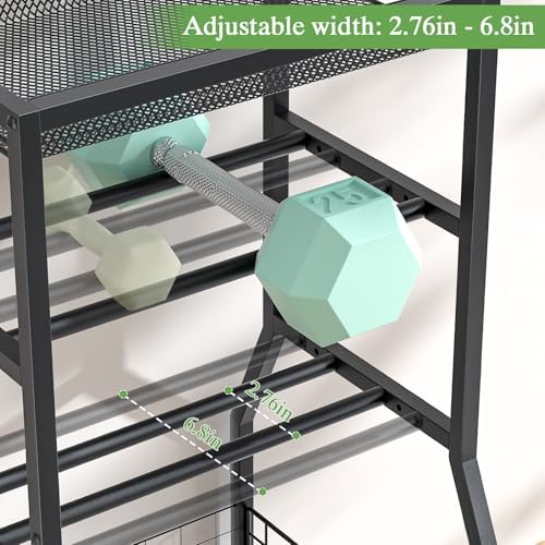 Home Gym Storage Rack, Dumbbell Rack with Yoga Mat Storage, Weight Rack Stand with Lockable Wheels and Hooks, Home Workout Equipment Organizer for Yoga, Dumbbell, Kettlebells, Ball Storage - Image 4
