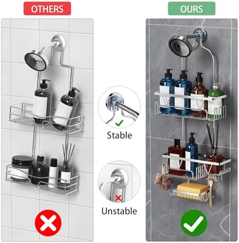DAOYA Shower Caddy Hanging - Over the Shower Head Caddy with 2 Baskets, Soap Holder & Razor Holder, Non-Slip Rubber Pads, U-Shaped Hooks and Adhesive Pads for Bathroom Organization - Silver - Image 5