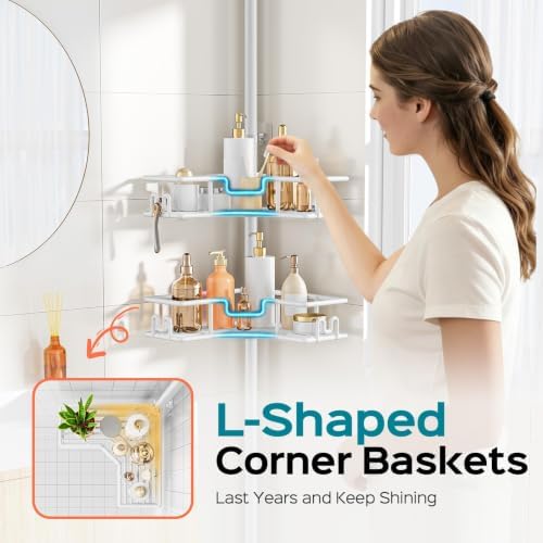 HAMITOR Corner Shower Organizer, 4-Tier Tension Pole Caddy with Hook, White - Image 3