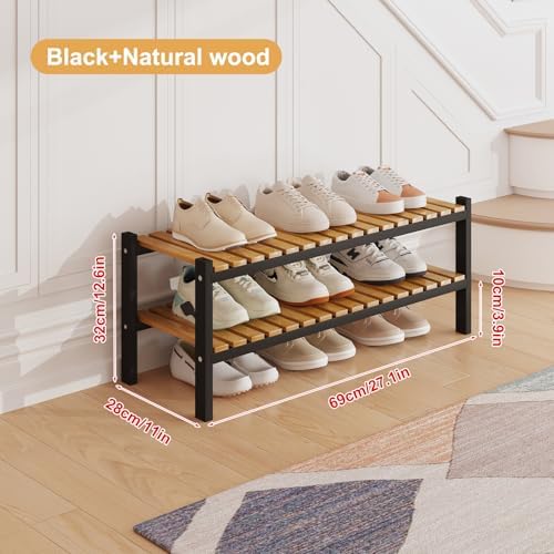 Bamboo Shoe Rack Organizer for Closet and Entryway - Space-Saving Narrow Shoe Stand - Versatile Shoe Holder for Door or Closet Shelf, Garage Bedroom can Freely Stack DIY Small Shoe Racks 2 Tier - Image 2