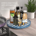 Blue and White Checkerboard Lazy Susan with Rubberwood Base and Metal Rail - Image 3