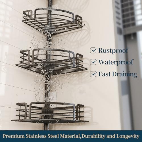 Consumest Corner Shower Caddy Tension Pole - Rustproof Shower Shelves with Towel Bar & Soap Holder, Adjustable Bath Organizer for Bathroom Storage, 27.6-108.3 inch, Black - Image 5