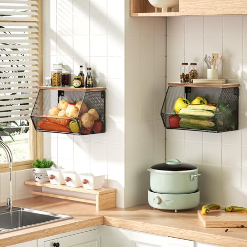 Stackable Fruit Basket for Kitchen Countertop Space Saving, Wall Mounted Mesh Metal Wire Basket with Wood Lid Extra Storage, 2 Pack Kitchen Counter Organizer for Snack, Onion and Potato Storage, White - Image 4