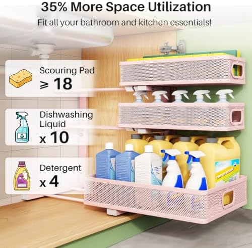 Kitstorack Under Sink Organizer, 1-Pack 3-Tier Height Adjustable Thickened Metal Pull out Cabinet Organizer Shelf, Slide out Storage Drawer Rack for Bathroom Kitchen Pantry Home Organization, Pink - Image 4