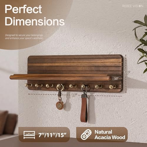Rebee Vision Acacia Wood Key Holder Wall Mount with Shelf Home Decor, Brown - Image 2