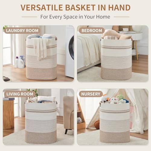 AINUOQI Laundry Basket with Handles - Blanket Basket & Hampers for Bedroom Aesthetic, Laundry Hamper & Blanket Storage for Living Room, Clothes Hamper, Tall, Large 17" x 14" x 22”, Brown & White - Image 3