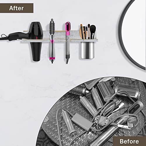 Hair Tool Organizer Wall Mounted, Sturdy Pine Wood Construction, Removable Stainless Steel Cup, Holds Hair Dryers, Straighteners, Curling Irons, Brushes, and More, White - Image 3