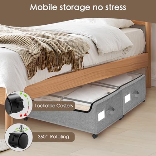 Under Bed Storage with Wheels, 2-Pack Under the Bed Storage Containers with Clear Lids & Label, Underbed Storage Bins, XXXL 85L 11 inches Rolling Metal Drawer for Clothes, Shoes, Toys, Books - Gray - Image 4