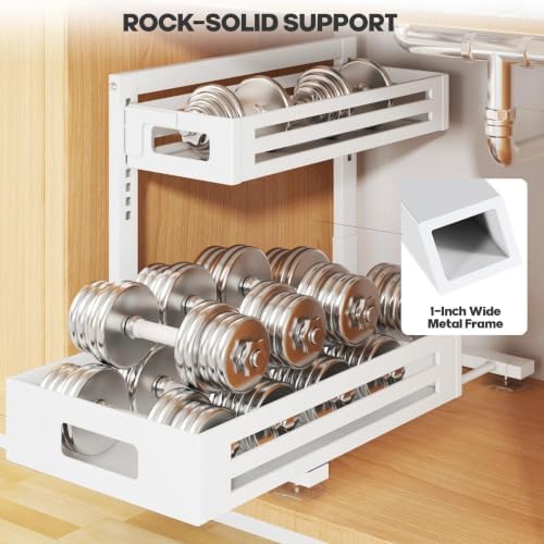 2 Pack 17IN-Depth Under Sink Organizer,Pull Out Cabinet Organizer With Smooth Cylindrical Rail,Metal Slide Out Drawer for Kitchen Bathroom Laundry,8-Level Tool Free Height Adjustable-White - Image 5
