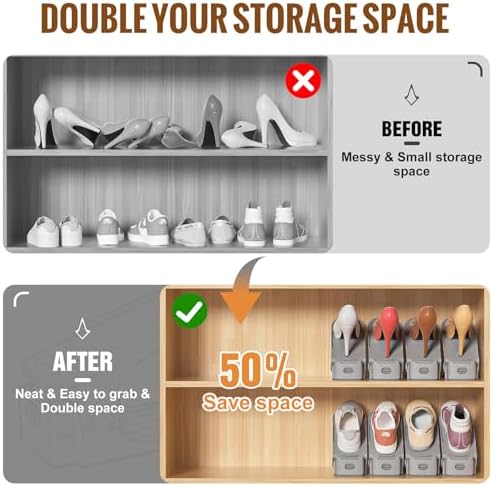 Neprock Shoe Slots Organizer, 20 Pack Adjustable Shoe Rack Stacker Storage Space Saver, Double Deck Shoe Rack Holder for Closet Organization (Grey) - Image 2