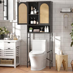 FiveWillowise Rattan Toilet Storage Cabinet, Over The Rack Wood Cabinet with Metal Stand, Bathroom Organizer with Adjustable Shelf, Tall Freestanding Washer Shelf, Small Cupboard, Black - Image 3