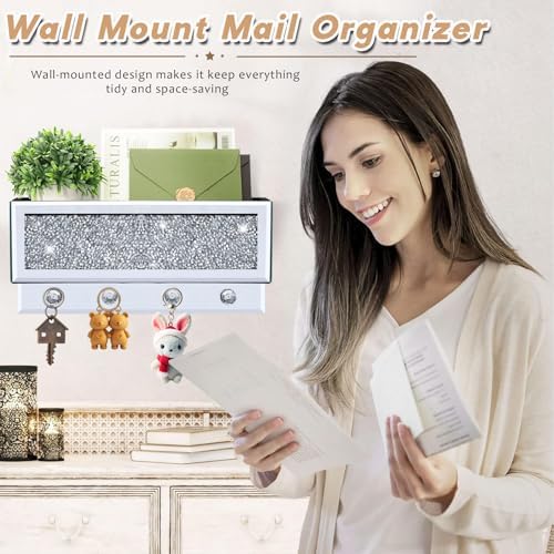 Crushed Diamond Key and Mail Holder for Wall, Crystal Mail Organizer Wall Mount, Mirror Mail and Key Holder Wall Mount for Entryway and Home Decor - Image 3