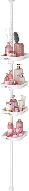 akinbas Tension Pole Shower Caddy Organizer with 4 Tier L-Shaped Rust Resistant Bathroom Corner Shelves with 34-124 Inch Adjustable No Drilling Quick Install Shower Rack for Bath Essentials (White) by AKINBAS
