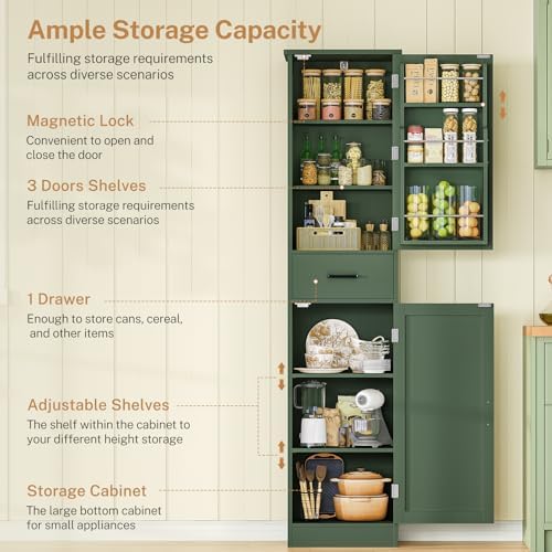 TEENFON Kitchen Pantry Cabinet with 3 Door Shelves & 1 Drawer, Narrow Bathroom Cabinet with Adjustable Shelves, Tall Storage Cabinet for Living Room, Bathroom, Entryway, Green - Image 5