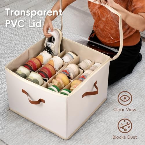 Shoe Organizer for Closet, 3 Pack Shoe Storage Bins with Clear Cover, Adjustable Dividers Fits 24-48 Pairs, Beige - Image 6