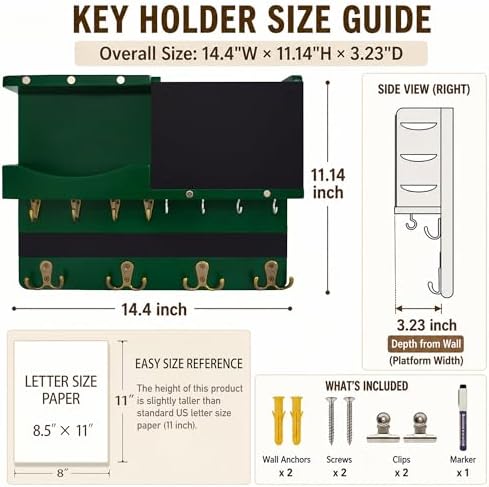 Key Holder Wall Mount with Shelf, Key Hooks for Wall, Green - Image 2