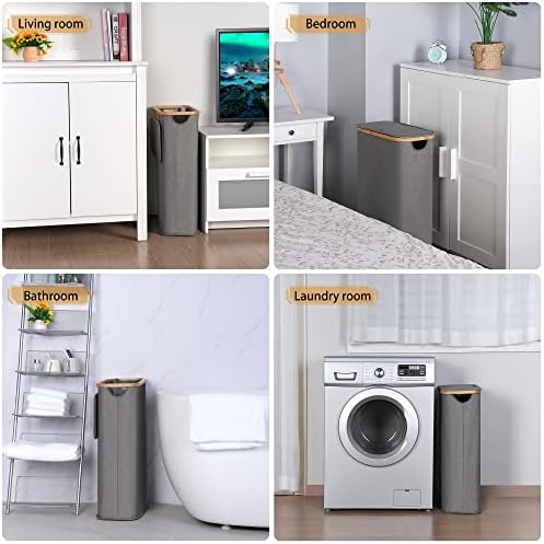 iEGrow 65L Slim Laundry Hamper, Narrow Laundry Basket with Lid,Foldable Clothes Hamper with Bamboo Handles,Hamper Basket with Removable Inner Bag for Laundry Room Bedroom College Dorm,17.17 Gals Grey - Image 6