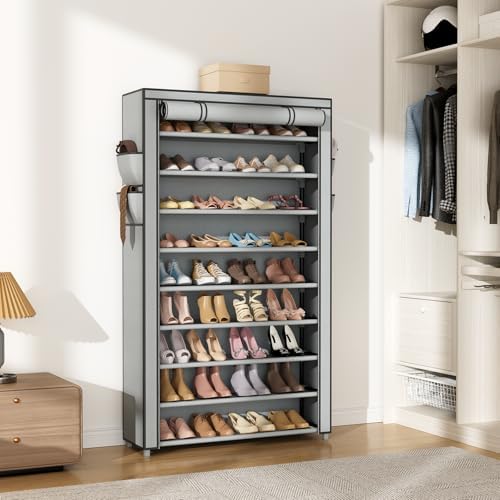VILICK Shoe Rack with Cover Narrow Shoe Organizer with Pockets 10 Tier Tall Shoe Storage Holds 36-41 Pairs Shoes and Boots Shoe Rack for Closet Entryway Garage, Grey - Image 7