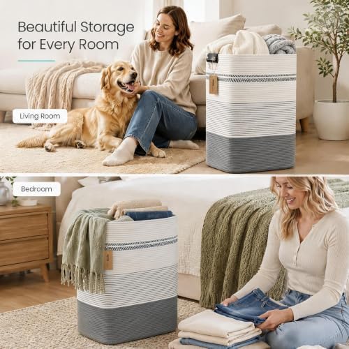Laundry Hamper, Cotton Rope Laundry Basket with Leather Handles, 25.1-Gallon/95 L Large Clothes Hampers for Laundry, Woven Laundry Baskets for Blankets, Clothing, Bedroom, Living Room, Nursery - Image 5