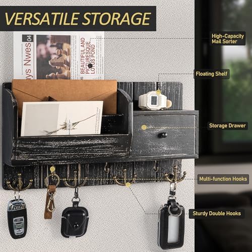Rebee Vision Key Holder Wall Mount with Hooks for Room Decor, Old Black - Image 5