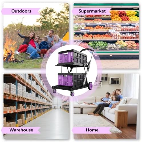 200LBS Collapsible Shopping Cart with 2 Storage Crates, 8-in-1 Portable Foldable Utility Cart with Foot Brake for Picnic, Supermarket, Grocery, Office, Outdoor, Purple - Image 3