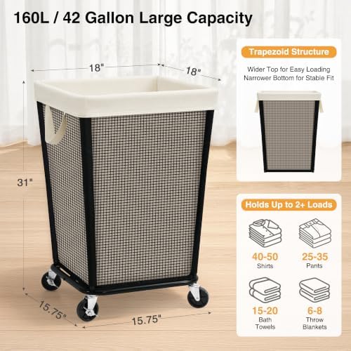 STO STO 160L Rolling Laundry Hamper with Wheels, Laundry Basket, Beige - Image 5