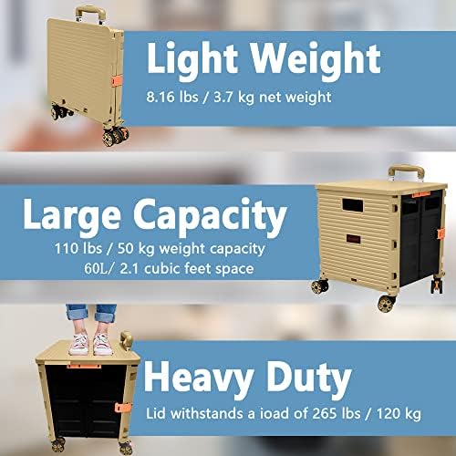 FELICON SELORSS Foldable Utility Cart Folding Portable Rolling Crate-Khaki - Image 3