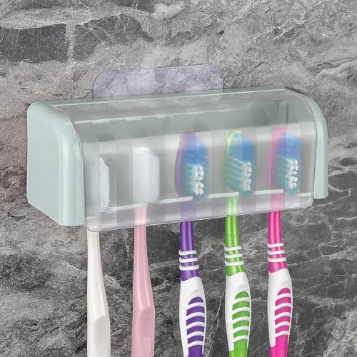 Toothbrush Holder Wall Mounted with Cover for Bathroom, 5 Slots Toothbrush Storage Organizer for Shower, Self Adhesive Toothbrush Hanger Rack for Dorm, Cabinet(Blue) by LUEXBOX