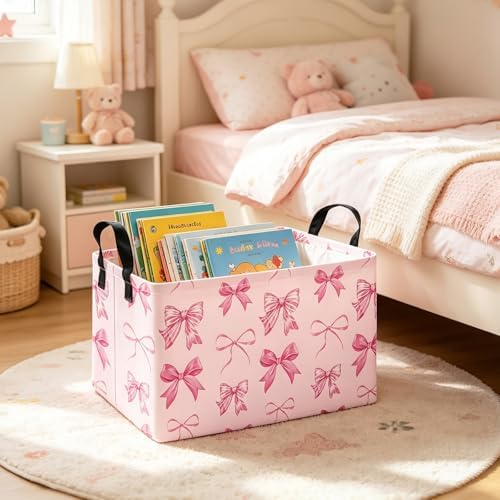Rectangular Collapsible Laundry Basket with Side Handles, Pink Bow - Image 5