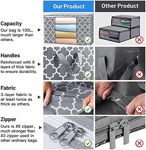 Storage Bags 100L 8 Pack Clothes Organization and Storage Containers | Large Blanketfor Bedding, Comforters, Foldable Organizer with Reinforced Handle, Clear Window, Sturdy Zippers, Light Grey - Image 6