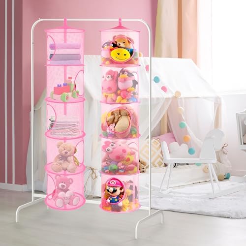 2Pcs Hanging Stuffed Animal Storage Hammock Net 5 Tiers, Pink - Image 2