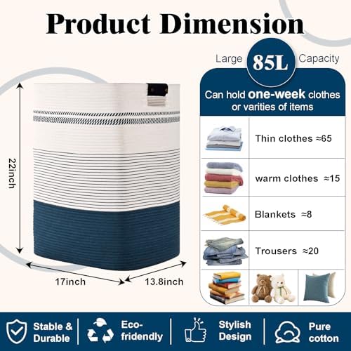 Laundry Hamper, 85L Tall Laundry Basket with Leather Handles, Rectangle Large Clothes Hamper for Organizing, Cotton Woven Laundry Baskets Storage Hampers for Bedroom, Nursery, Living Room - Image 3