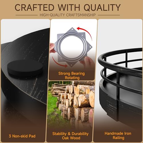 AMH 13-Inch Oak Lazy Susan Vanity Tray with Black Brushed Gold Finish Rail - Image 4