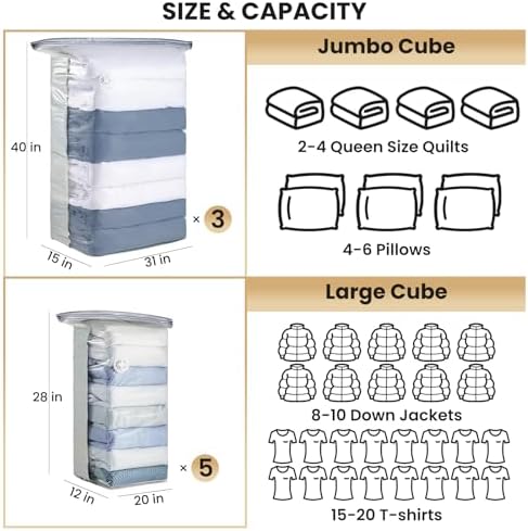 TAILI 8 Pack Vacuum Storage Bags, Cube Combo(3 Jumbo+5 Medium), Cream - Image 2