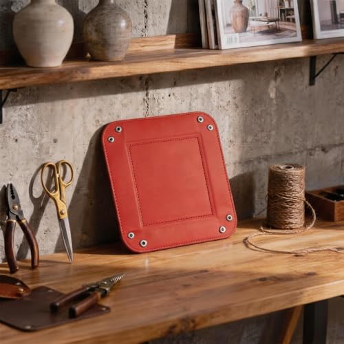 Valet Tray Desktop Storage Organizer – Vegan Leather Catchall Tray Bedside Vanity Tray Nightstand Caddy Holder for Remote Controller, Watch, Keys, Phone, Wallet, Coin, Jewelry, Red - Image 7