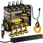POKIPO Power Tool Organizer Wall Mount with Charging Station,Tool Storage Rack with 8 Outlet Power Strip,Heavy Duty Metal Battery Utility Rack with 4 Cordless Drill Holder 6.56 Ft Cord for Garage by POKIPO