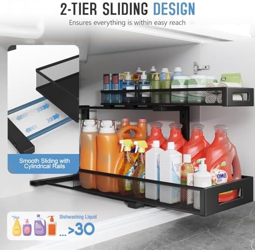 1 Pack 20.47IN Depth Under Sink Storage Organizer, Large 2-Tier Elegant Mesh Pull Out Shelf for Kitchen and Bathroom Cabinet Organization, L-Shaped and Adjustable Height Design-Black - Image 4