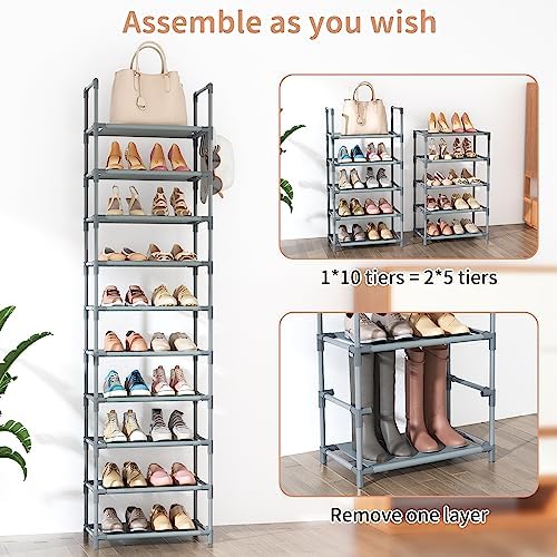LANTEFUL 10 Tiers Tall Shoe Rack 20-25 Pairs Boots Organizer Storage Sturdy Narrow Shoe Shelf for Entryway, Closets with Hooks, Grey - Image 5