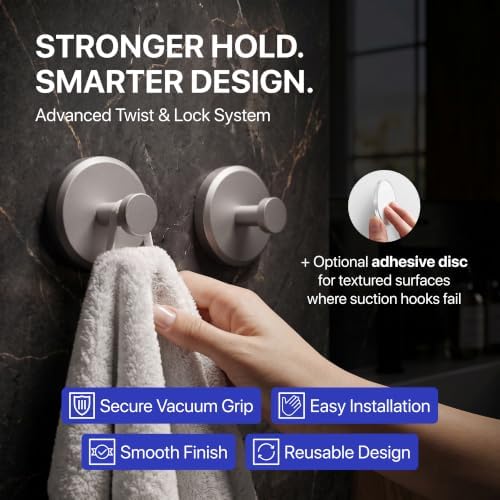 HOME SO Suction Cup Hooks for Shower & Bathroom Towel 2-Pack Brushed Nickel - Image 2