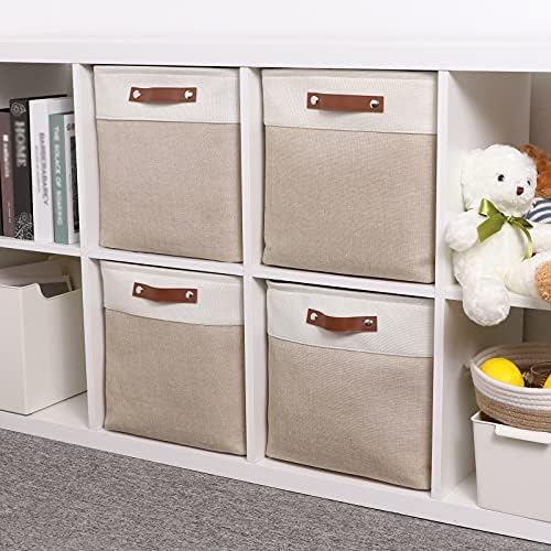 Temary Cube Storage Bins 13x13 Fabric Storage Cubes Baskets Set Of 4 Cloth Baskets for Shelf, Large Bin Empty Basket for Organizing, Shelf Basket (White&Khaki) - Image 6