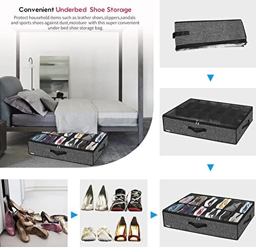 Onlyeasy Under Bed Shoe Storage Organizer For Closet, 4 Pack Fit 12x4 Pairs, Underbed Solution Shoes Container Bags with Sturdy Sidewall & Reinforced Handles, Breathable, Linen-like Black, MXAUBSB4P - Image 6